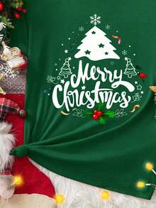 圣诞可爱卡通手绘英文字母和圣诞树印花休闲简约短袖圆领T恤，适合青少年女孩，夏季穿着 - 彩色 - 查看 5