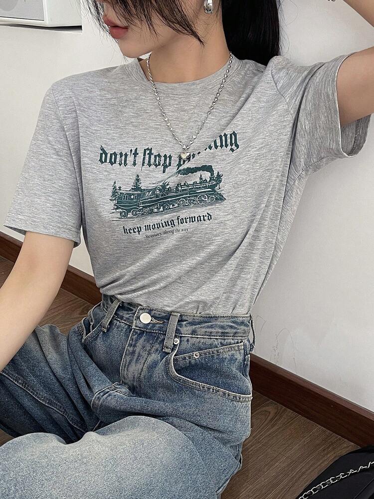 DAZY 女式宽松短袖 T 恤，带标语印花和圆领，夏季，图案 T 恤，返校服装 - 灰色 - 查看 4