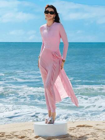 Swim Shayni 女士花卉蕾丝边连体泳衣，带裙摆，适合泳池和海滩，夏季