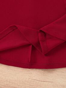 少女优雅休闲圆领套头开衩中长连衣裙，适合上学、日常休闲穿着，秋冬季款 - 酒紅色 - 查看 8