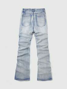 ROMWE MEN Street Life Men's Pleated Floral Rhinestone Embellished Flared Jeans - Blue - View 2