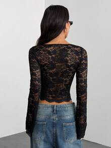 SHEIN PETITE 女士纯色V领长袖修身休闲衬衫，适合休闲度假穿着 - 黑色 - 查看 2