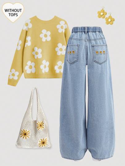 Girlism 少女宽松蓝色牛仔裤，饰有雏菊刺绣