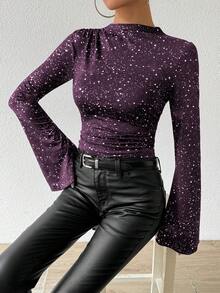 Chiquease Women's Autumn Long Sleeve Flared Cuff Funnel Neck Metallic Silver Ruched Asymmetric T-Shirt Women Top For Spring - Purple - View 6