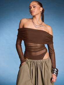 Body de malla transparente con hombros descubiertos para mujer - Marrón - Ver 7