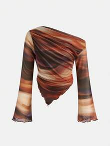 Firerie Kids Firerie Kids Tween Girls Asymmetric Shoulder Design Knit Printed Casual Fashionable Matching Family Tops, Girl Brown Top, Teen Girl Clothes, Tight Tween Tops, Tween Girl Tight Shirt - Rust Brown - View 4