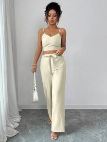 SHEIN PETITE Bộ đồ liền thân cạp cao màu trơn và quần ống rộng cho nữ - Vàng nhạt - Xem 4
