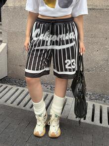 SHEIN EZwear 大码黑白字母条纹休闲高街膝盖长度短裤，夏季 - 黑與白 - 查看 5