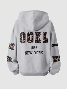 SHEIN Explorewe Teen Girl Leopard Print Letter Graphic Drop Shoulder Fleece Sweatshirt,Autumn,Streetwear,Holiday,Back-To-School,Ladies Teacher Uniform Fall Winter - Grey - View 4