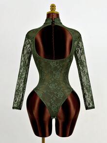 Mistrie Body sexy de manga larga con espalda descubierta y diseño calado - Verde Oscuro - Ver 6