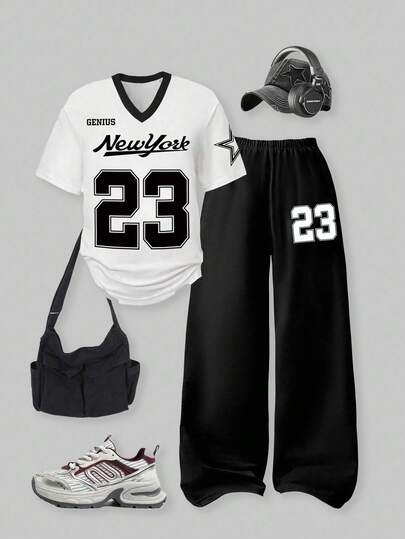 SHEIN ChillGRL 2 件套青少年女孩休闲学院风女孩数字图案 V 领短袖上衣和阔腿运动裤套装，街头服饰