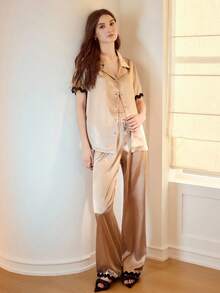 MOTF PREMIUM SATIN CONTRAST TAPE BUTTON UP TOP & PANTS PAJAMA SET