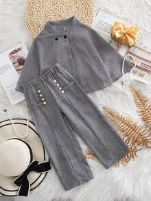 2 Stücke Mädchen Herbst/Winter Mode vielseitiges Set - Stehkragen Ärmellose Cape + Gerade Bein Lässig Hose - Schwarz und Weiss - Übersicht 1