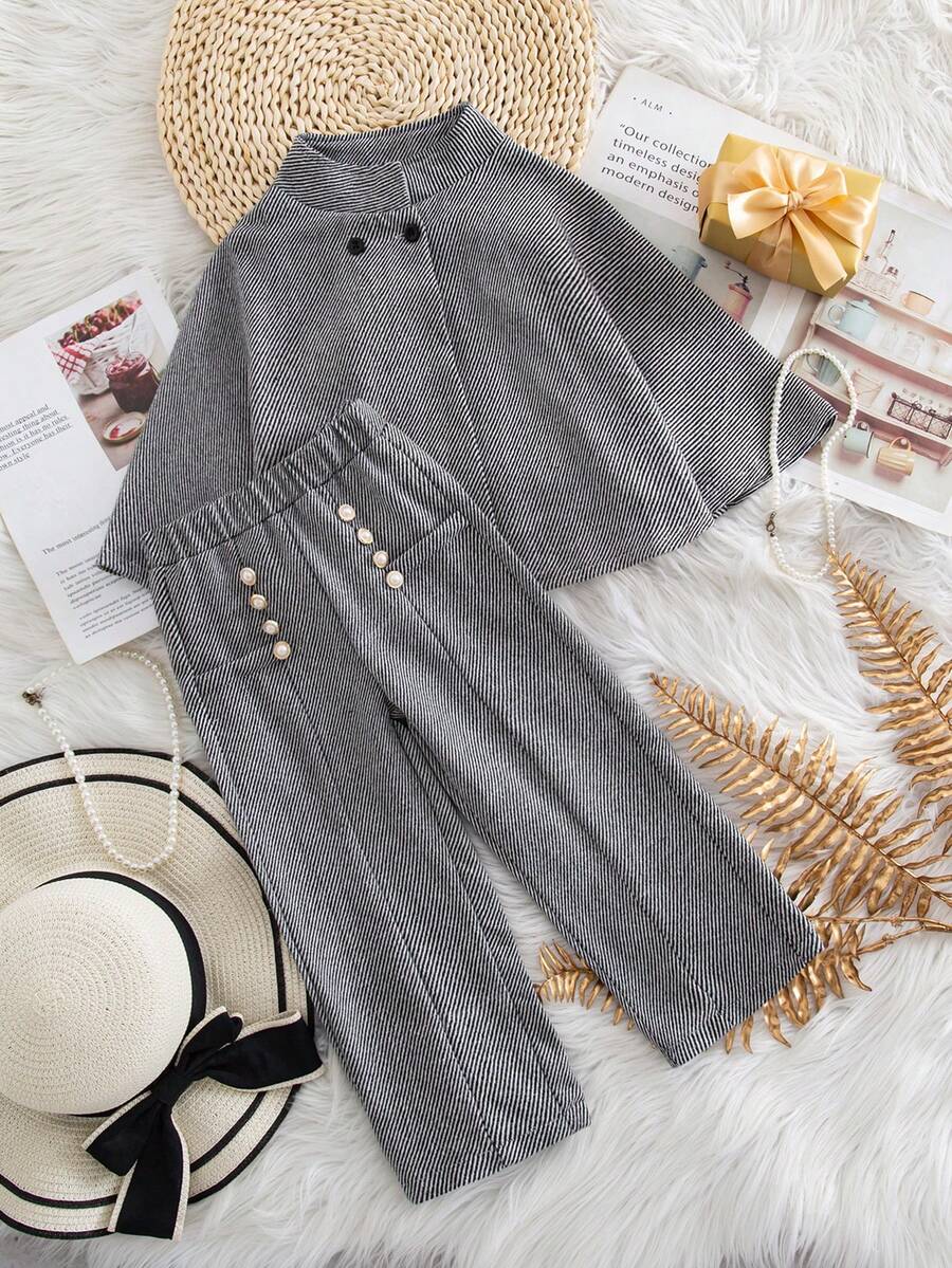 2 Stücke Mädchen Herbst/Winter Mode vielseitiges Set - Stehkragen Ärmellose Cape + Gerade Bein Lässig Hose - Schwarz und Weiss - Übersicht 1