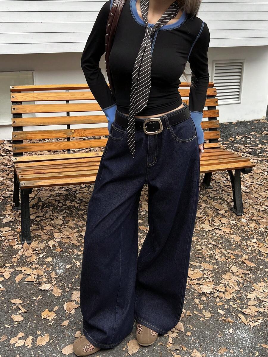 DAZY Solid Color Loose Button Decor Ankle Cuff Straight Leg Black Jeans - Navy Blue - View 1