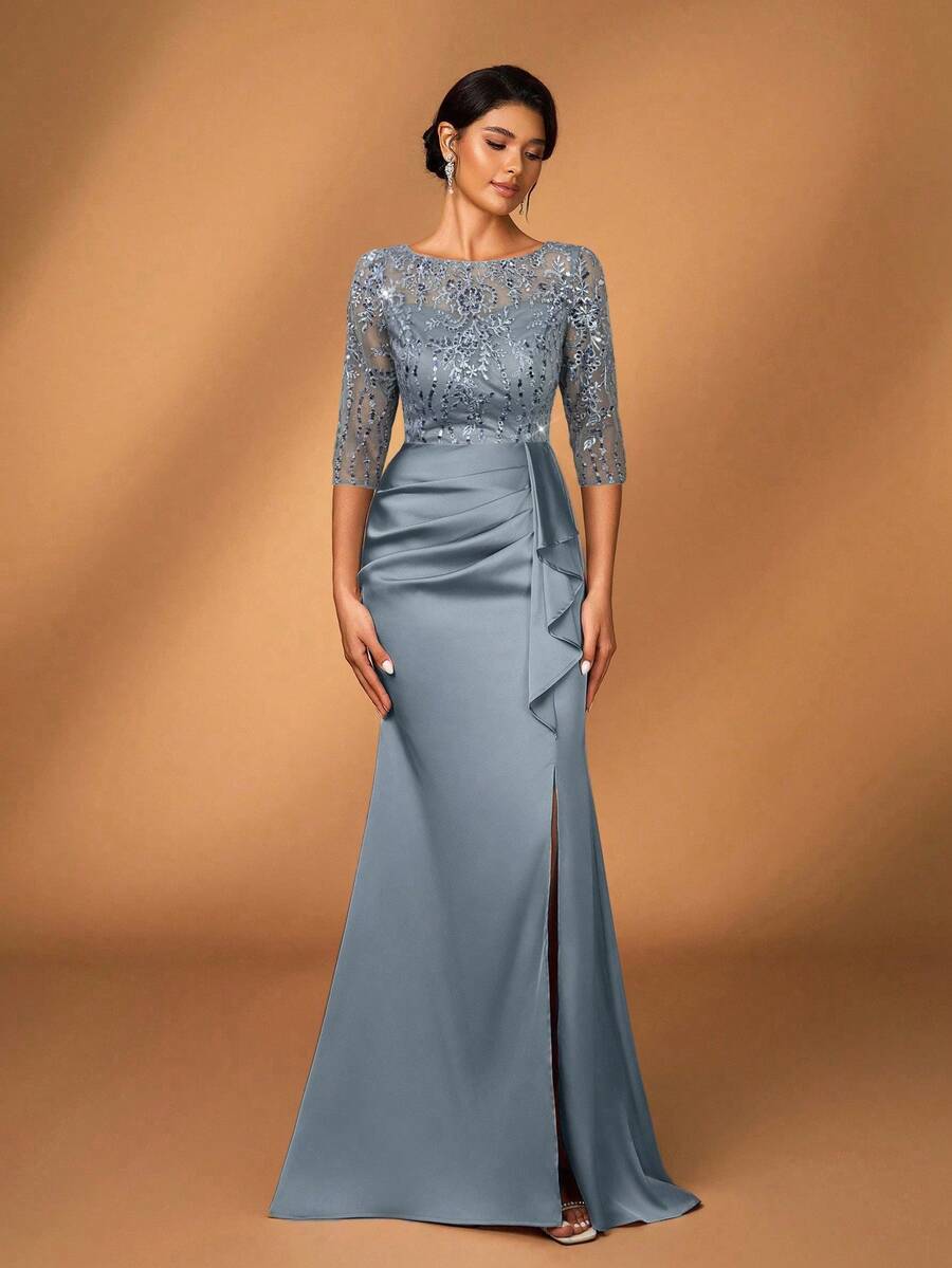 Serin 优雅奢华的刺绣亮片蕾丝缎面薄纱长袖鱼尾开衩连衣裙，适合婚礼、派对、度假、盛大晚宴、晚间活动、新娘母亲、情人节等场合。 - 灰色 - 查看 1