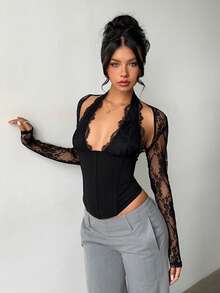 Aloruh Women's New Romantic Elegant Alluring Sexy Lace Patchwork Tight Hollow Out Long Sleeve Blouse, Suitable For Date, Party, Outing,Black Top - Black - View 6