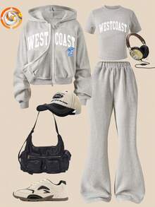 SHEIN Explorewe 3 件套女童休闲运动服，白色字母印花，蓝色卡通图案，蓝色罗纹，2 个口袋，适合上学、郊游、散步、旅行 - 灰色 - 查看 3