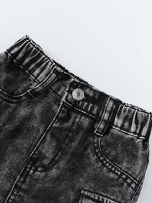 SHEIN ChillGRL Tween Girls Retro Y2K Casual Multi-Pocket Cargo Denim Skirt, Fuchsia Summer Holiday - Black - View 4