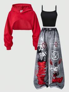 SHEIN ChillGRL Streecool 儿童休闲青少年女孩宽松街头风格牛仔印花裤、短款吊带背心、长袖连帽网眼衬衫三件套服装，时尚