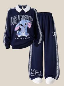 SHEIN ChillGRL Casuvi 儿童女童两件套：圆领长袖 T 恤，蕾丝花边装饰和卡通印花，针织阔腿裤，蕾丝花边和图案印花，适合春秋季休闲、返校、运动、度假 - 藏蓝色 - 查看 5