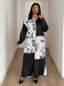 Maweii Đầm cardigan dài rộng rãi, thoải mái, in họa tiết báo chí, gợi cảm dành cho nữ cỡ lớn, đầm thường ngày, trang phục đi nghỉ mát, đầm đi nghỉ mát. - Đen và trắng - Xem 4