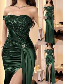 Coutiva Váy dạ hội trang trọng xẻ cao đính sequin dành cho nữ - Màu xanh lá cây đậm - Xem 1