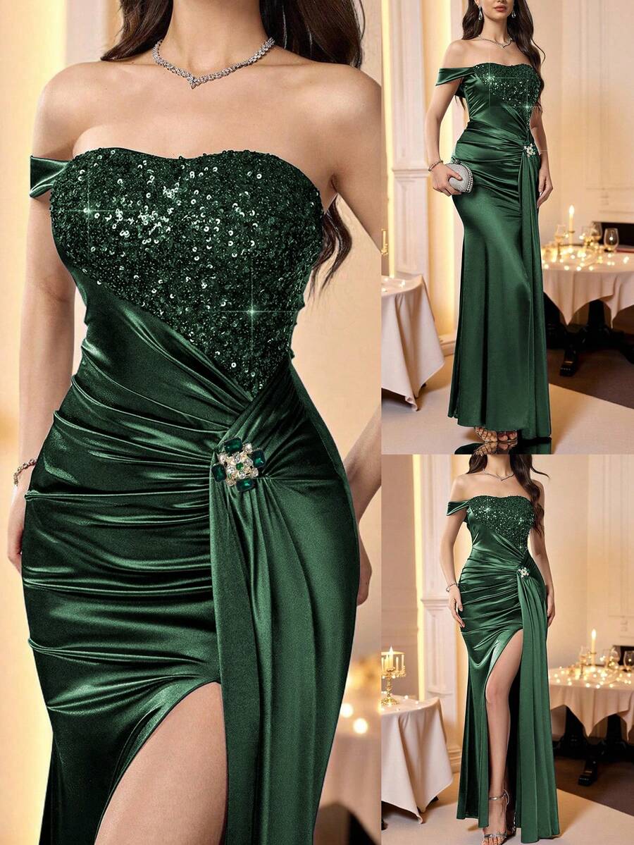 Coutiva Váy dạ hội trang trọng xẻ cao đính sequin dành cho nữ - Màu xanh lá cây đậm - Xem 1