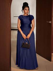 Maweii Đầm không tay cổ tròn xếp ly màu trơn thanh lịch cỡ lớn cho nữ - Màu xanh hải quân - Xem 5