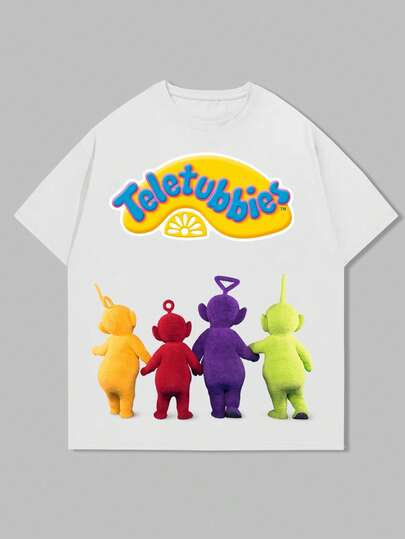 Teletubbies X ROMWE T-shirt à manches courtes avec graphique de dessin animé pour hommes, convient pour le port quotidien, printemps/été