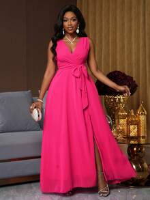 SHEIN Unity Women's Elegant Asymmetric Neckline Sleeveless Slit Maxi Party Dress, Magenta - Hot Pink - View 3