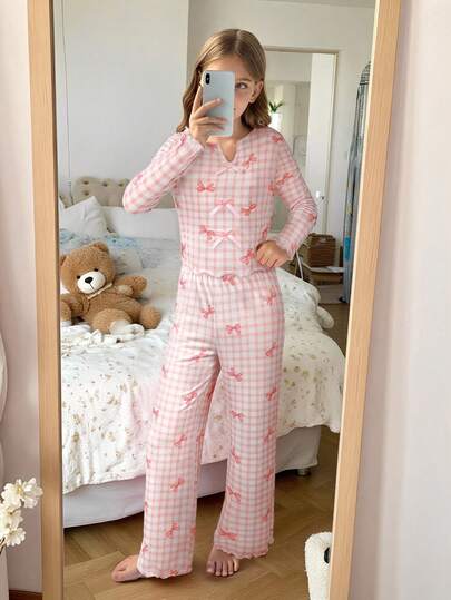 SHEIN Tween Girls Cherry Pattern V-Neck Long Sleeve Top & Pants Pajama Set Suitable For Everyday, School, Vacation, Party Occasions Valentine's Day  Suitable For All Seasons - Spring, Summer, Autumn, Winter