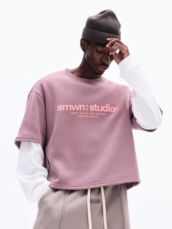 SUMWON Double Layer Boxy Fit Crew Neck Short Sleeve With Waffle Textured Long Sleeves Chest Print Branding Streetwear Casual Everyday Comfort