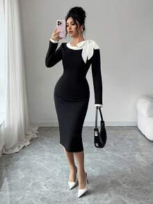 EMERY ROSE Đầm dài tay họa tiết nơ khối màu dành cho nữ - màu đen - Xem 3