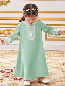 Baby Girl Loose Casual Minimalist Long Sleeve Pattern Long Dress - Green - View 5
