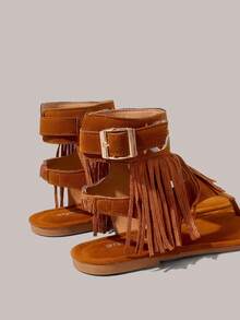 Styleloop Women's Flat Sandals, Boho Style, Retro American, Bohemian, Western Music Festival, Party Outfit For Christmas - Brown - View 5