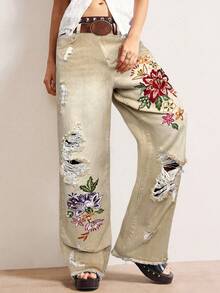 Bohemela جينز نسائي فضفاض مطرز بالخرز والتطريز بأسلوب البوهيمي الريفي العطلات الكاجوال - لون مشمشي - مشاهدة 2