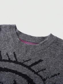 ROMWE MEN 男士任务十字图案圆领长袖提花针织毛衣 - 深灰色 - 查看 3