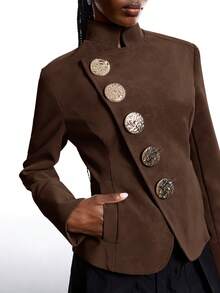 LYSMO New Minimalist Women Winter Metal Single-Breasted Stand Collar Long Sleeve Fashion Jacket, Brown - Coffee Brown - View 5