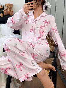 SHEIN Bow, Heart & Flower Print Lapel Long Sleeve Pajama Set Pink Pajamas Floral Pj Set Pajamas Set Bow Pajamas - Pink - View 5