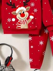 SHEIN 2 Stücke/Set Jungen Lässig Warm & Bequem Klassisch Weihnachten, Stern Weihnachtsbaum, Weihnachtsbär, Weihnachtsren Muster Loose Fit Sweatshirt und Hose Set, geeignet für den Sommer