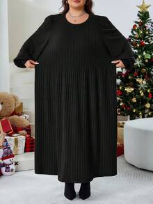 SHEIN CURVE+ 大码女式纯色灯笼红长袖罗纹针织冬装连衣裙 - 黑色 - 查看 3