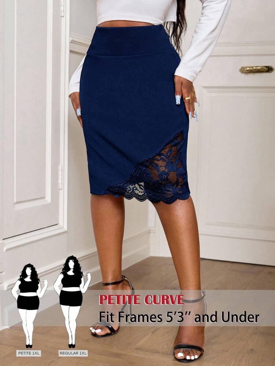 SHEIN PETITE CURVE Plus Size Women's Elegant Lace Knee Length A-Line Skirt, Women Skirts - Navy Blue - View 1