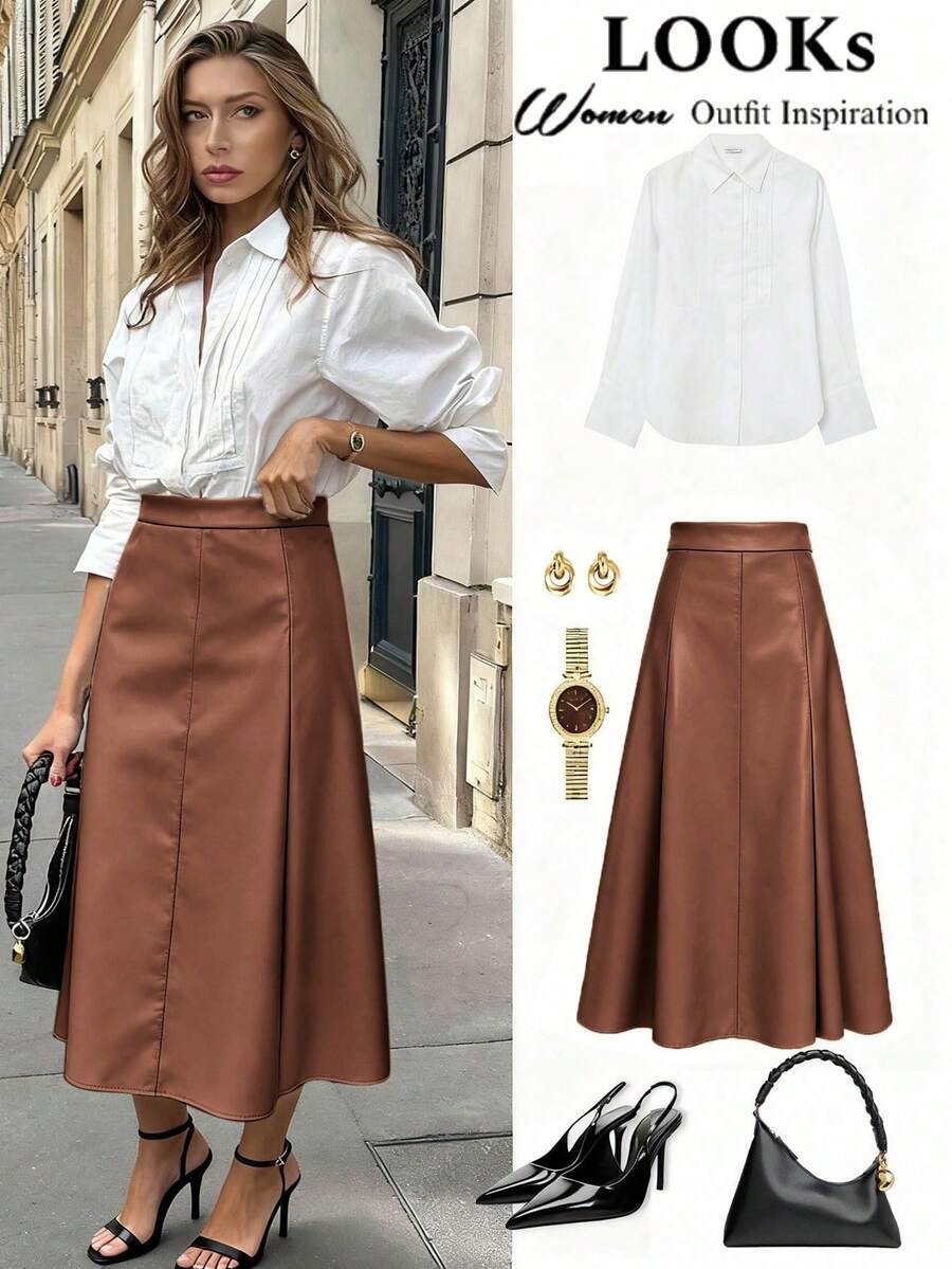 Vionelle 大码女士优雅纯色高品质PU面料半身裙，松紧腰，侧边隐形拉链，A字版型，长款及膝裙，适合音乐会、时尚外出、婚礼宾客、派对、圣诞节、新年、生日等场合，百搭长裙 - 棕色 - 查看 1