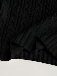 SHEIN Franclia Sweater Pullover Wanita Kasual Minimalis Serbaguna untuk Berpergian, Leher Bulat, Tali Putar, Lengan Lentera, Musim Gugur/Dingin - Hitam - View 6