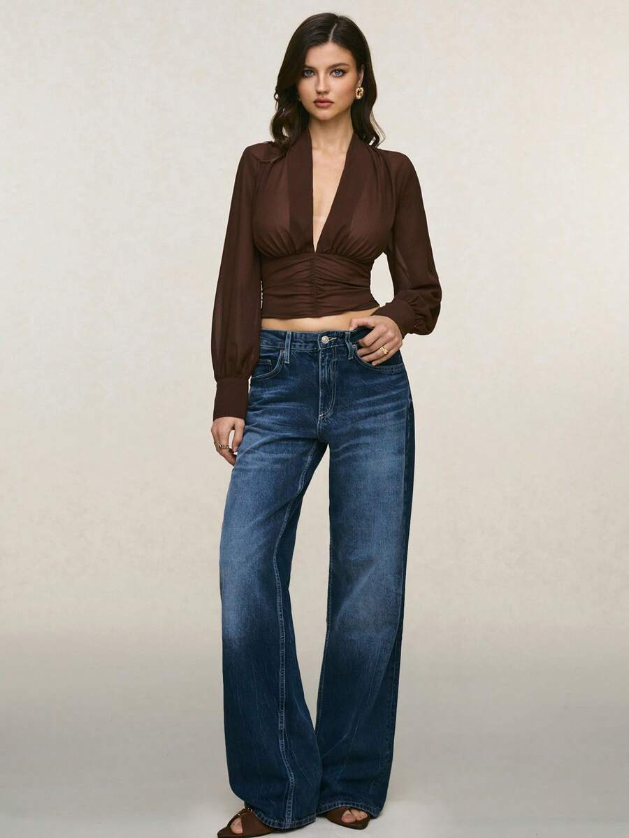 Poéselle Áo croptop nữ thời trang, gợi cảm, cổ chữ V sâu, màu nâu, kiểu dáng thanh lịch, thích hợp mặc hàng ngày, đi chơi, đi làm, mùa thu/đông. - màu nâu - Xem 1