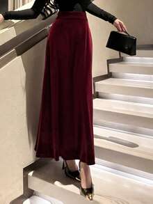 DAZY 女士休闲纯色A字裙，秋冬女裙新年圣诞款 - 酒紅色 - 查看 1