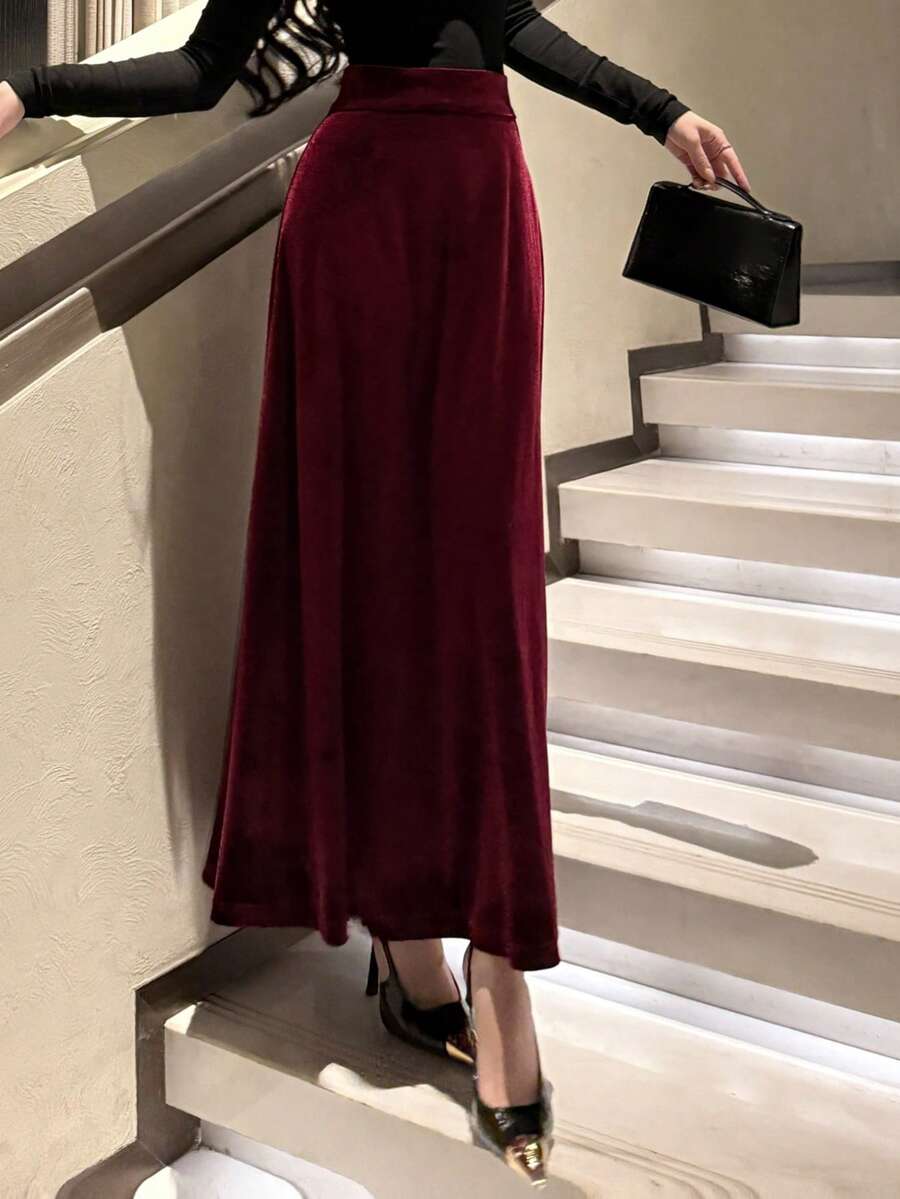 DAZY 女士休闲纯色A字裙，秋冬女裙新年圣诞款 - 酒紅色 - 查看 1