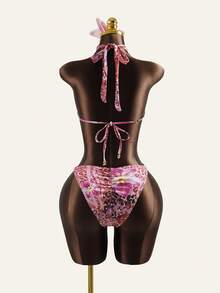 Zestiva 女士系带露背修身连体泳衣，沙滩度假比基尼，2026夏季腰果花卉印花，适合夏季海滩度假、约会、下午茶、西式、邮轮、海滩、海岛、公路旅行、四季皆宜、音乐节、波西米亚风度假、秋日休闲、西部波西米亚风、豹纹猎豹印花花卉泳衣，粉色芙蓉花泳衣，粉色花卉 - 彩色 - 查看 3