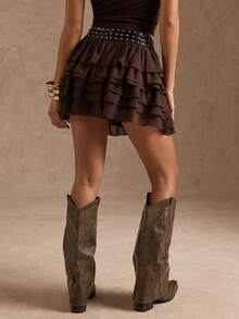 SHEIN BAE Váy dự tiệc/club kiểu phương Tây màu nâu đính đá thời trang dành cho nữ mùa Thu/Đông, váy xòe, váy đi club, váy casual cho năm mới, váy đi chơi. - Cà phê nâu - Xem 2